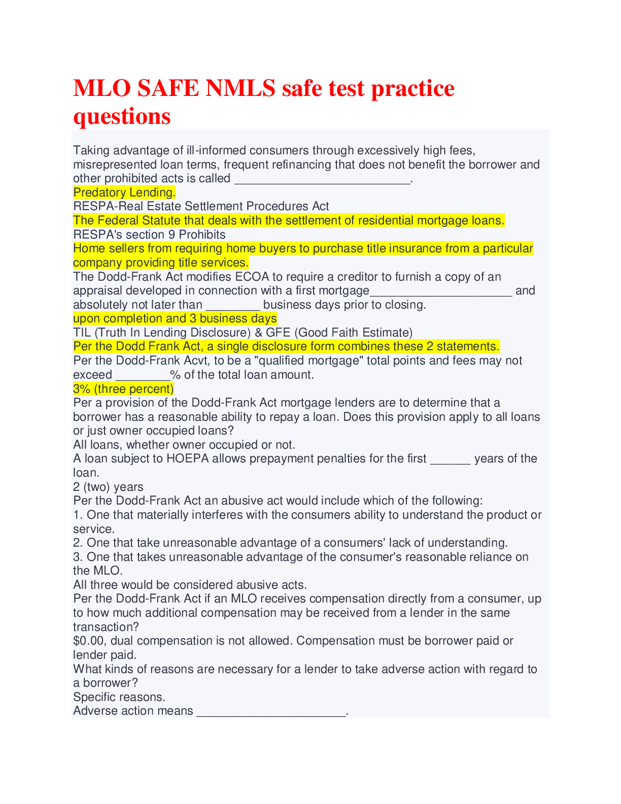 Preview image for MLO SAFE NMLS safe test practice questions with Verified Answers